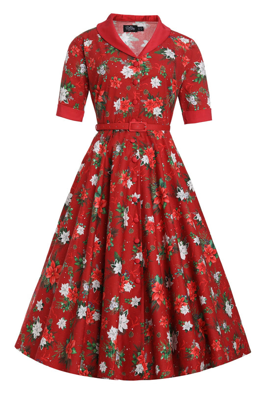 Mollie Red Poinsettia Shirt Dress