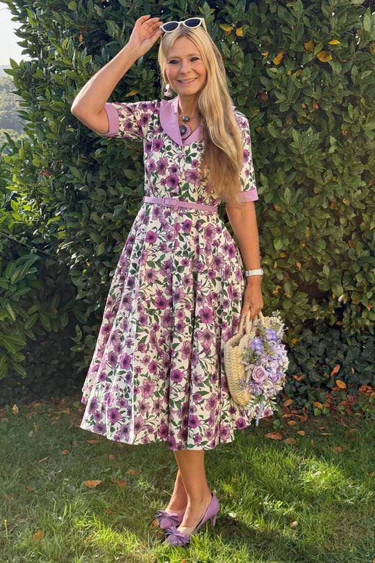 Mollie White Purple Anemone Midi Shirt Dress