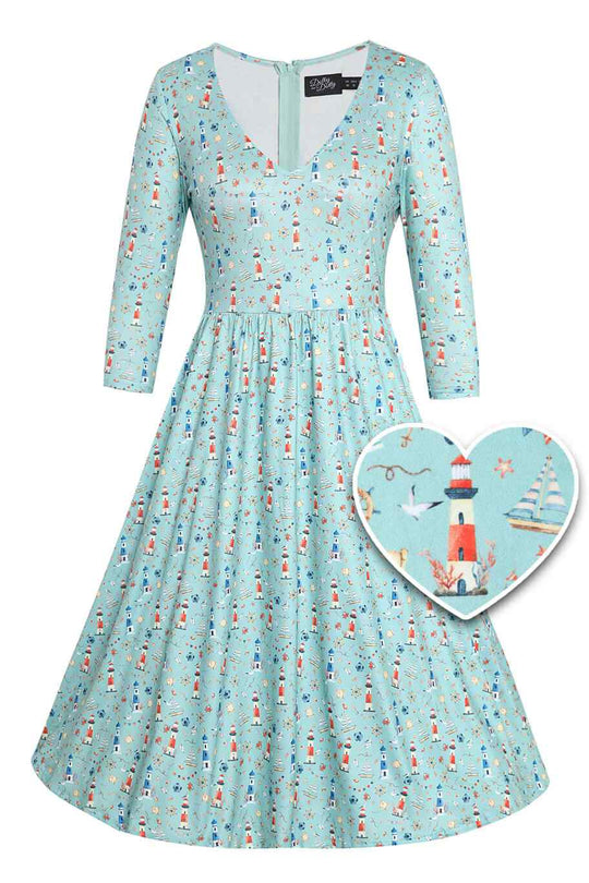 Front view of Nautical Lighthouse Print Day Dress in Light Blue