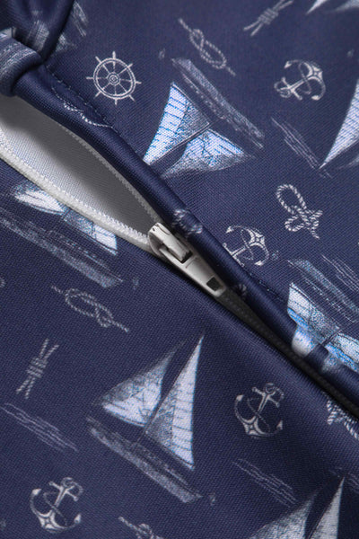 Close up View of Nautical Sailboat Off Shoulder Dress in Navy Blue