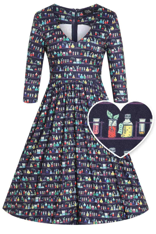 Front view of view of Navy Blue Science Lab Print Flared Dress