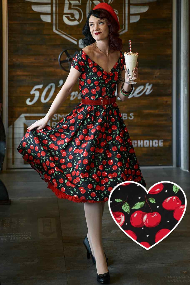 Lily Off Shoulder Cherry Swing Dress
