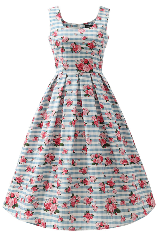 Ophelia Light Blue Floral Gingham Midi Dress