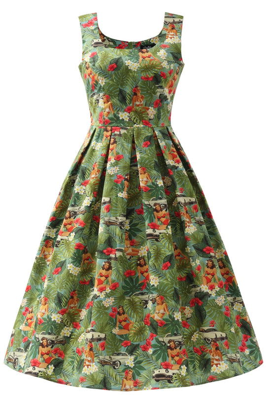 Ophelia Pin Up Tropical Print Sleeveless Dress