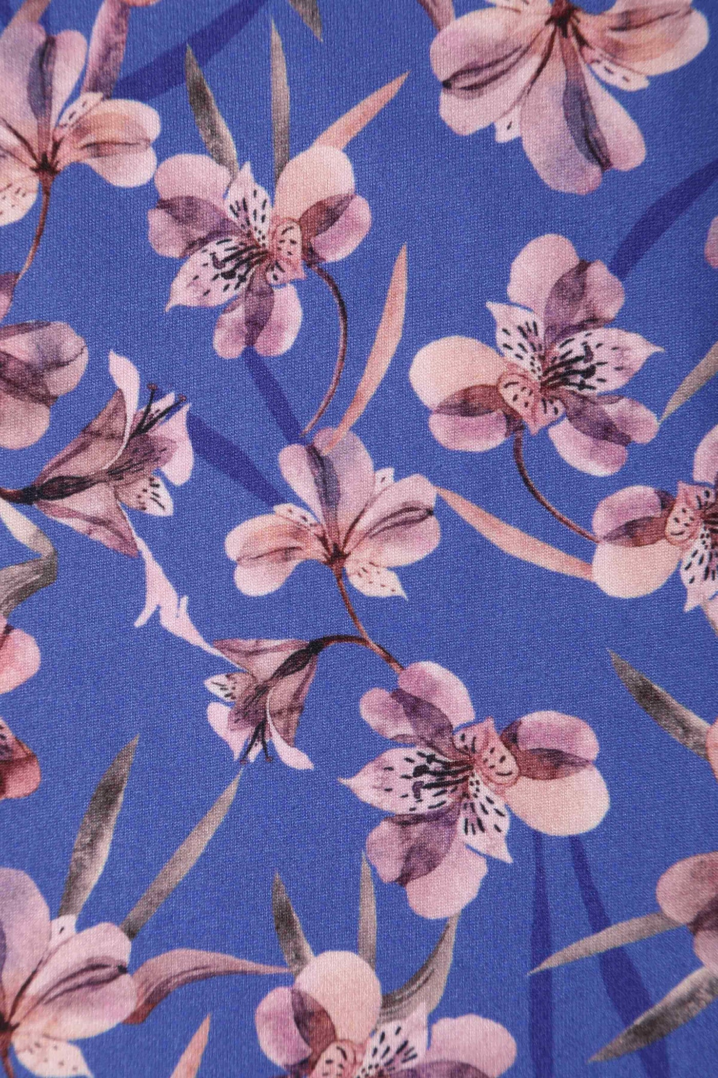 Close up view of Orchid Print Tea Dress in Blue