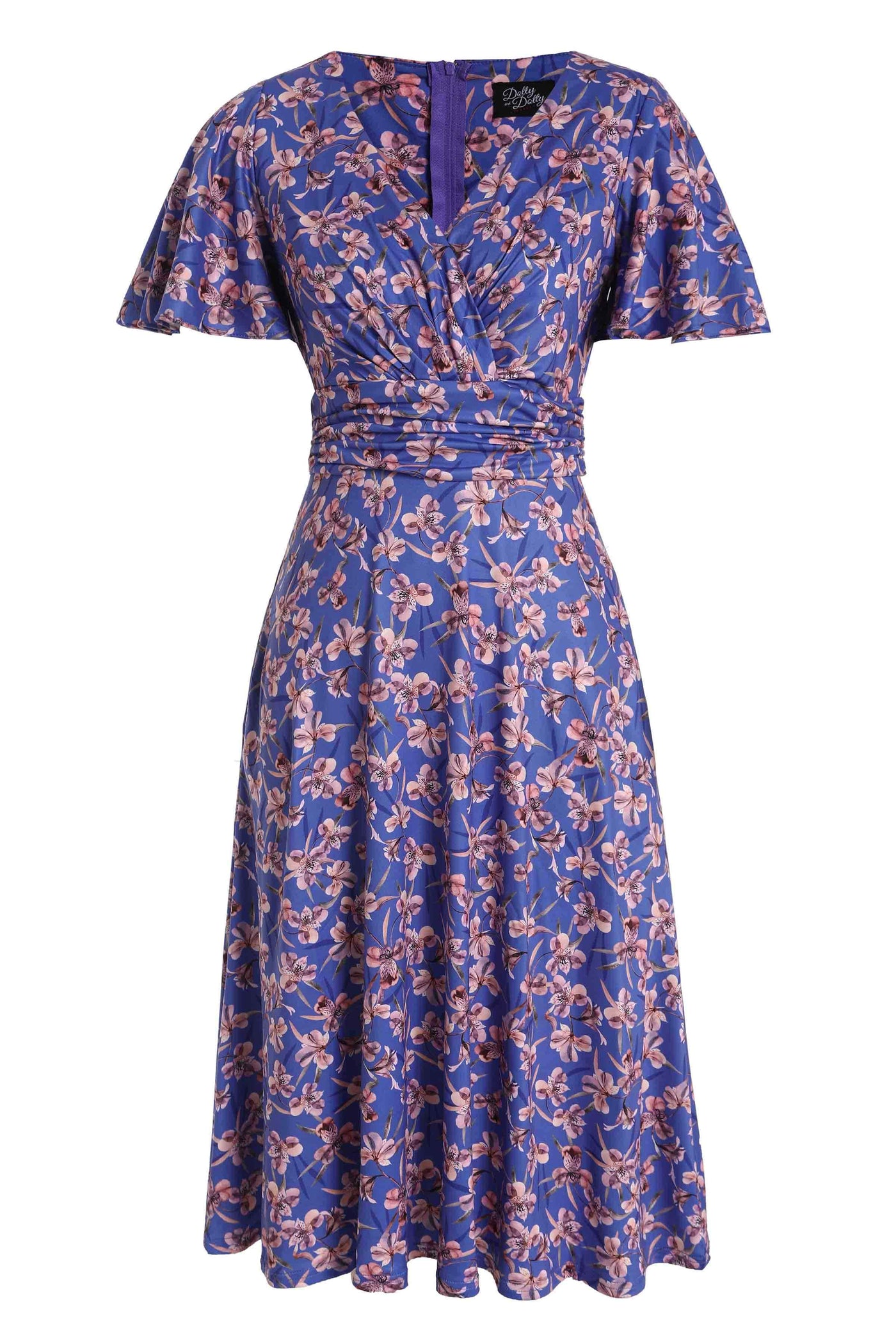 Front view of Orchid Print Tea Dress in Blue