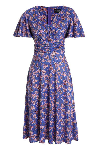 Front view of Orchid Print Tea Dress in Blue