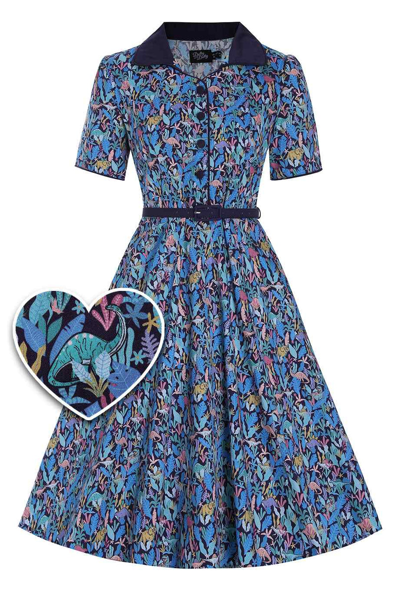 EU STOCK Penelope Rockabilly Multicolored Dinosaur Shirt Dress