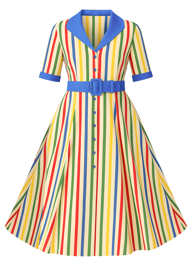 PRE ORDER Mollie Multicolored Striped Shirt Dress - Yellow, Blue, Red & Green
