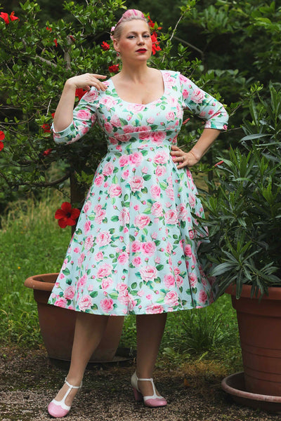 Scarlette Pink Rose Midi Dress In Baby Blue