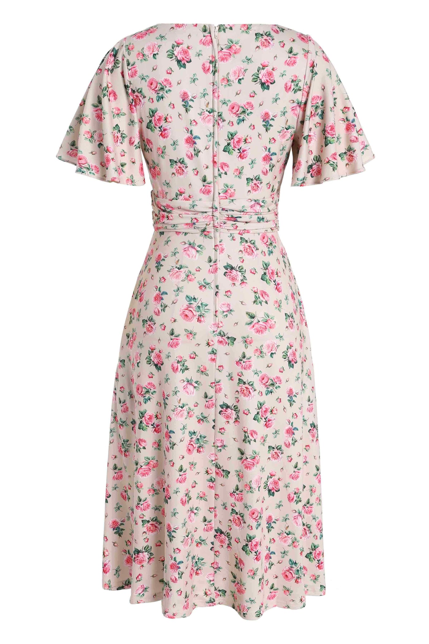 Back view of Pink Rose Print A Line Dress in Beige