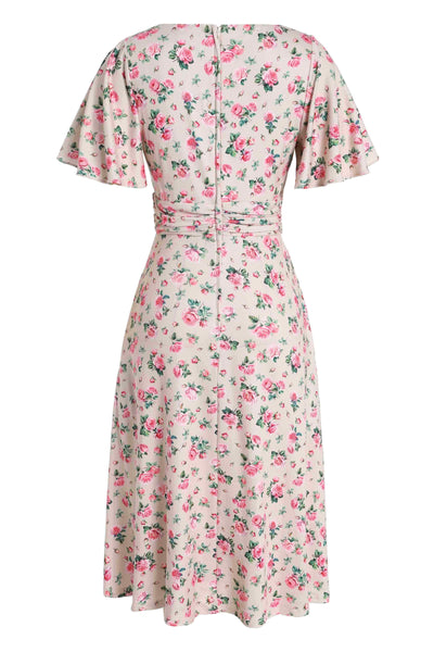 Back view of Pink Rose Print A Line Dress in Beige