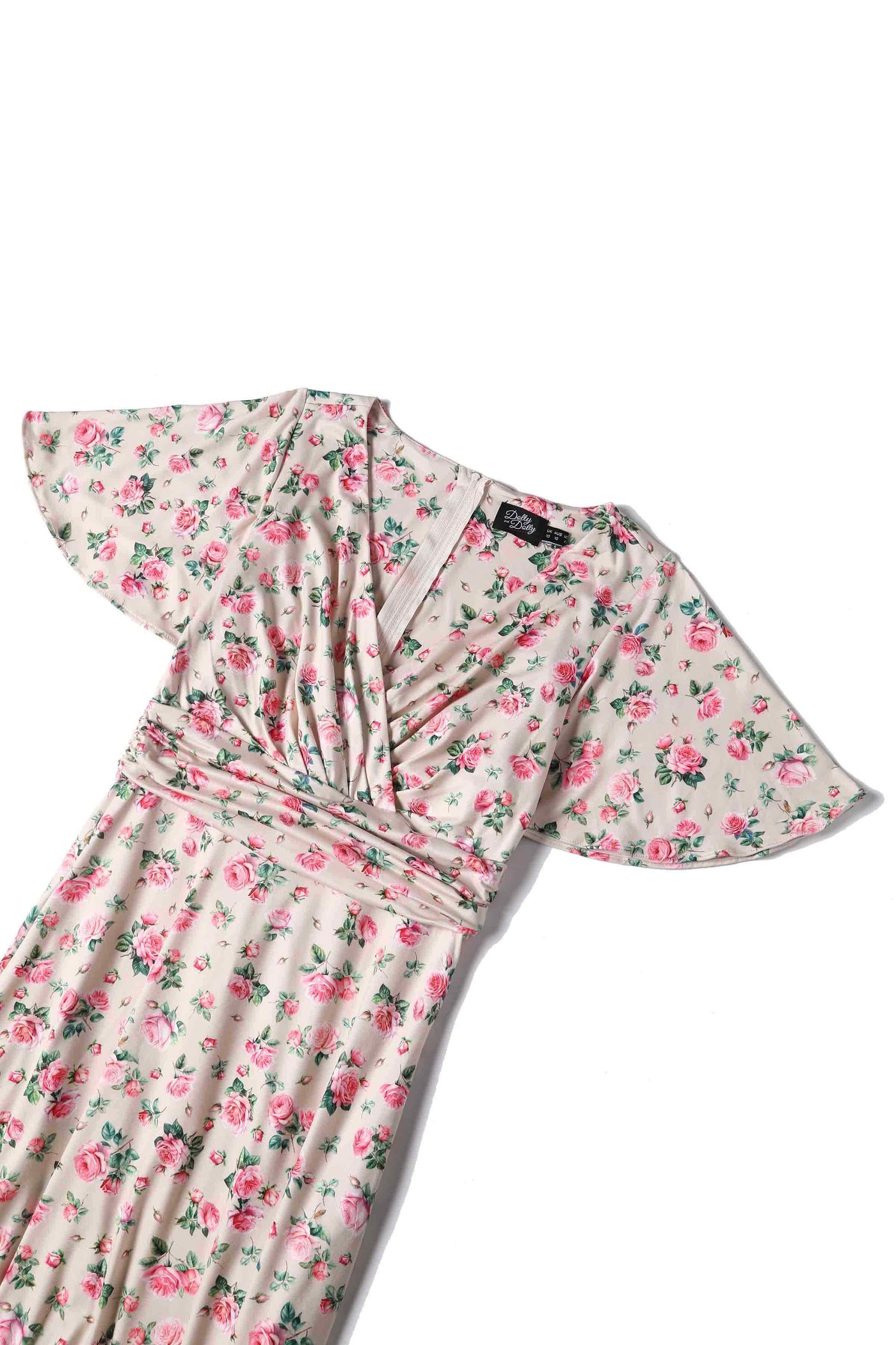 Close up view of Pink Rose Print A Line Dress in Beige