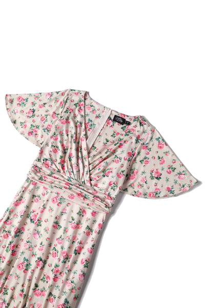Close up view of Pink Rose Print A Line Dress in Beige
