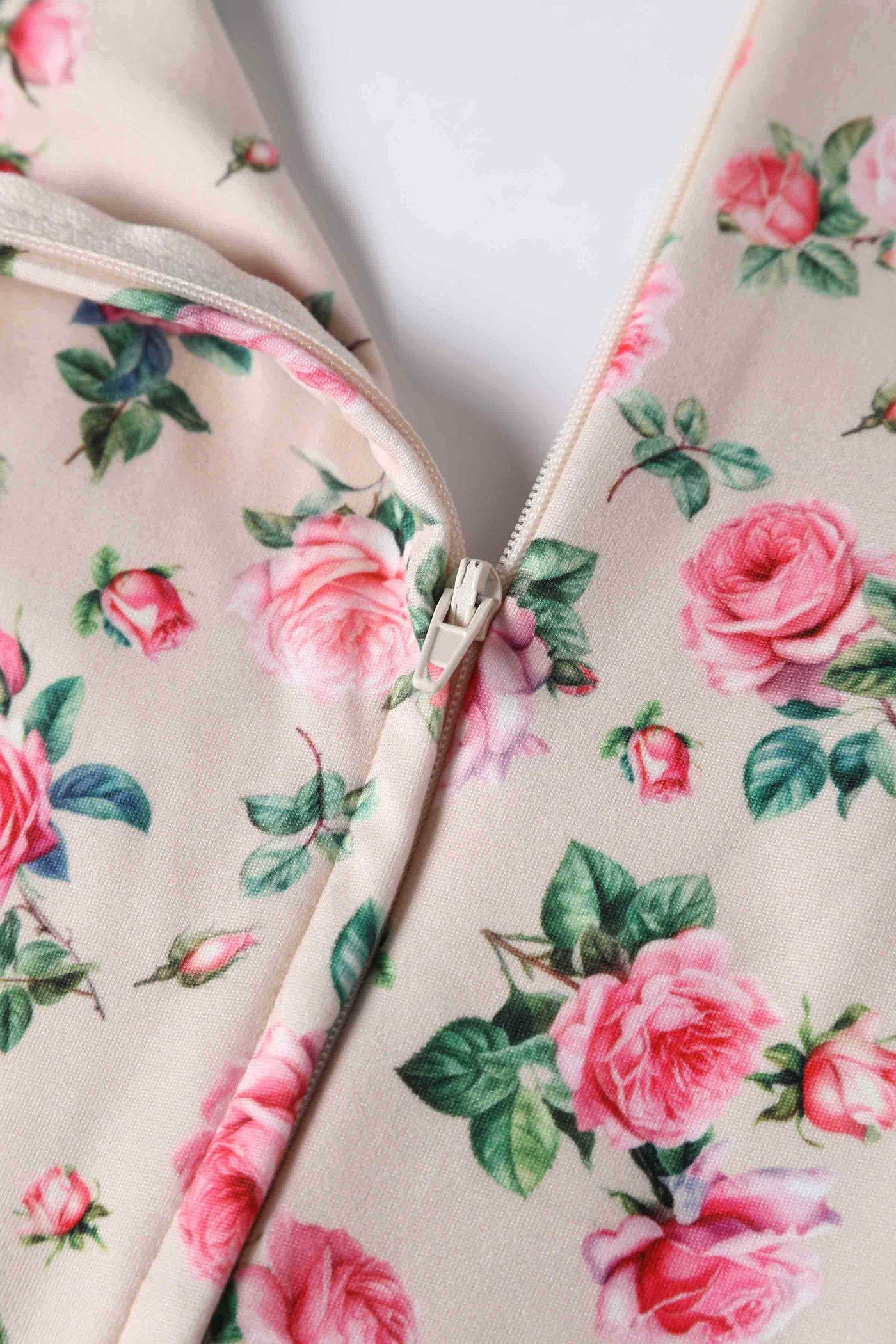 Close up view of Pink Rose Print A Line Dress in Beige