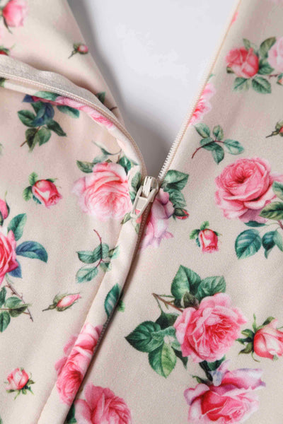 Close up view of Pink Rose Print A Line Dress in Beige