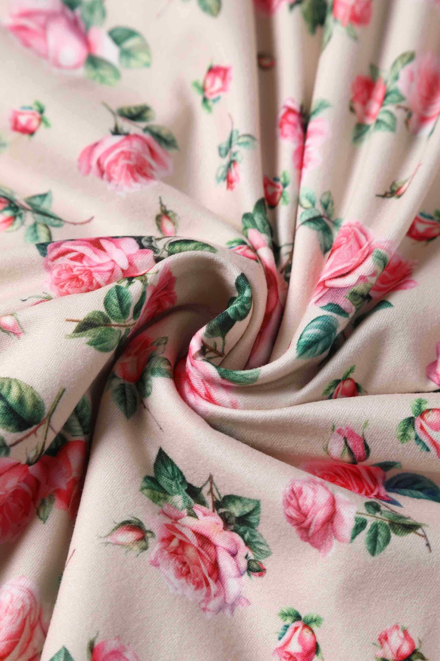 Close up view of Pink Rose Print A Line Dress in Beige