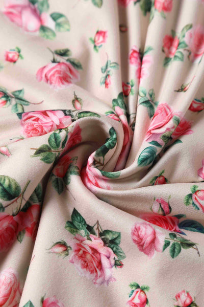 Close up view of Pink Rose Print A Line Dress in Beige