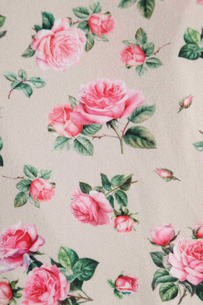 Close up view of Pink Rose Print A Line Dress in Beige