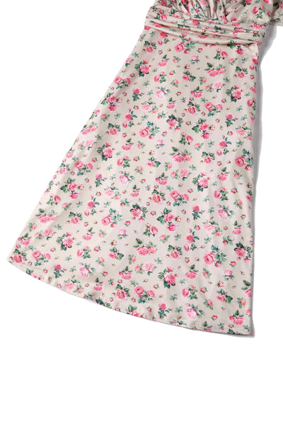 Close up view of Pink Rose Print A Line Dress in Beige