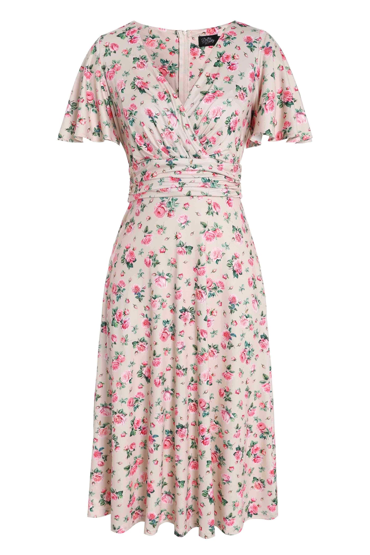 Front view of Pink Rose Print A Line Dress in Beige