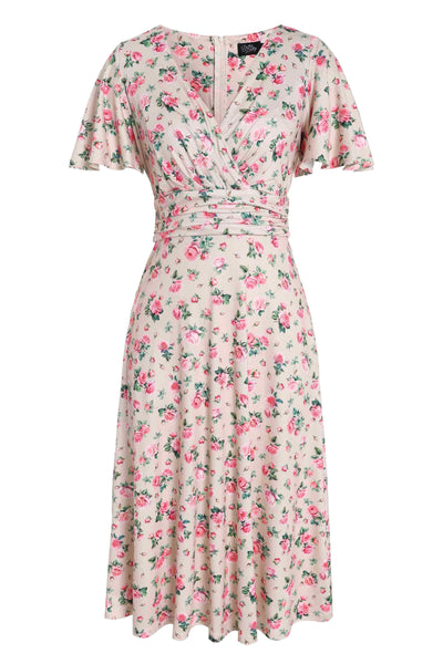 Front view of Pink Rose Print A Line Dress in Beige