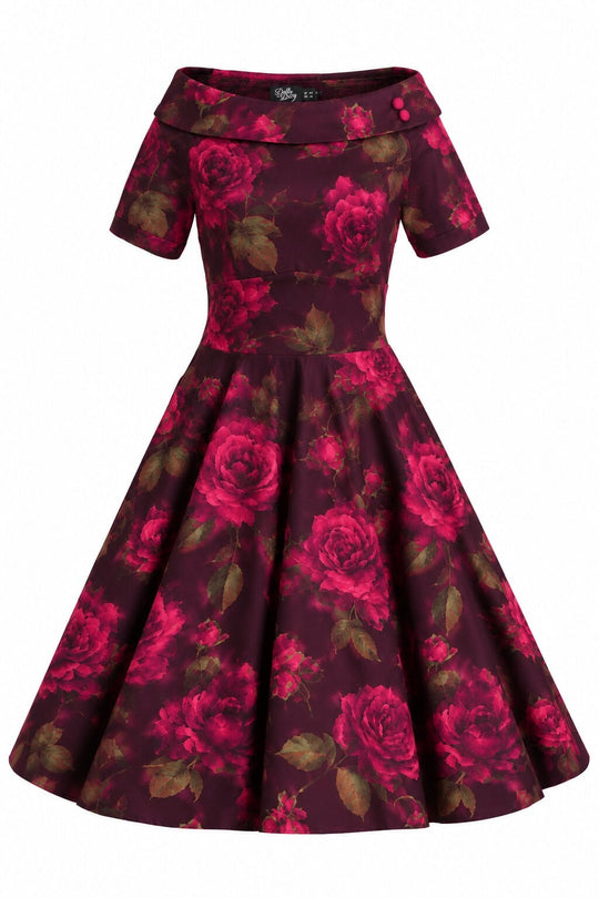 PRE ORDER Darlene Black Burgundy Rose Off Shoulder Swing Dress PRE ORDER