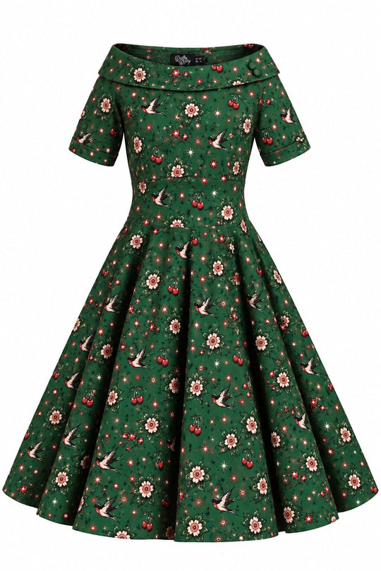 PRE ORDER Darlene Dark Green Ditsy Floral Off Shoulder Swing Dress PRE ORDER