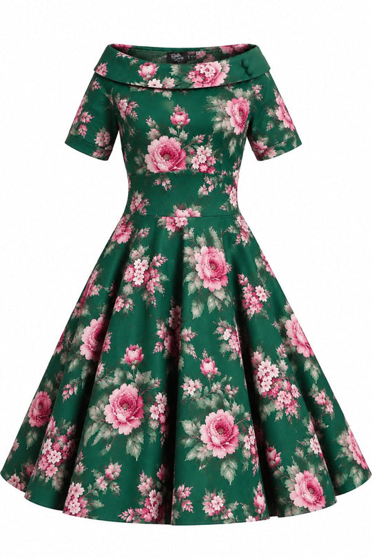 PRE ORDER Darlene Dark Green Pink Rose Off Shoulder Swing Dress PRE ORDER