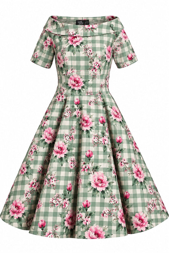 PRE ORDER Darlene Green Gingham Rose Off Shoulder Swing Dress PRE ORDER