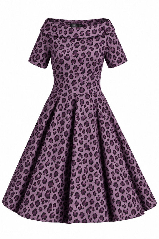 PRE ORDER Darlene Lilac Leopard Off Shoulder Swing Dress PRE ORDER