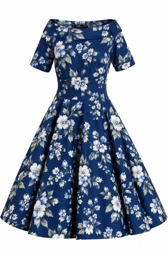 PRE ORDER Darlene Navy White Floral Off Shoulder Swing Dress PRE ORDER
