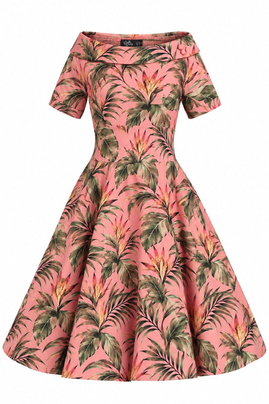 PRE ORDER Darlene Pink Green Palm Leaf Off Shoulder Swing Dress PRE ORDER