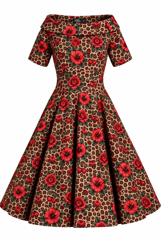 PRE ORDER Darlene Red Leopard Floral Off Shoulder Swing Dress PRE ORDER
