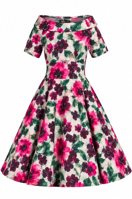 PRE ORDER Darlene White Pink Garden Floral Off Shoulder Swing Dress PRE ORDER