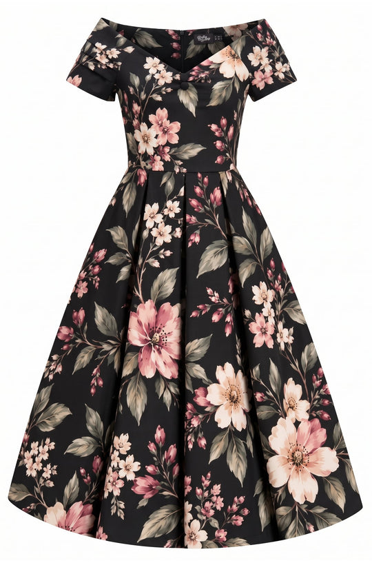 PRE ORDER Lily Black Pink Blossom Off Shoulder Swing Dress PRE ORDER