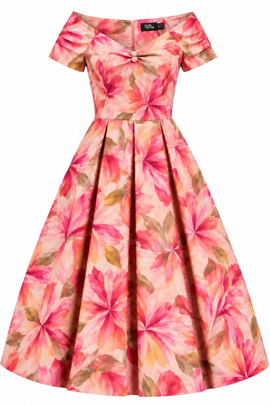 PRE ORDER Lily Coral Watercolour Floral Off Shoulder Swing Dress PRE ORDER