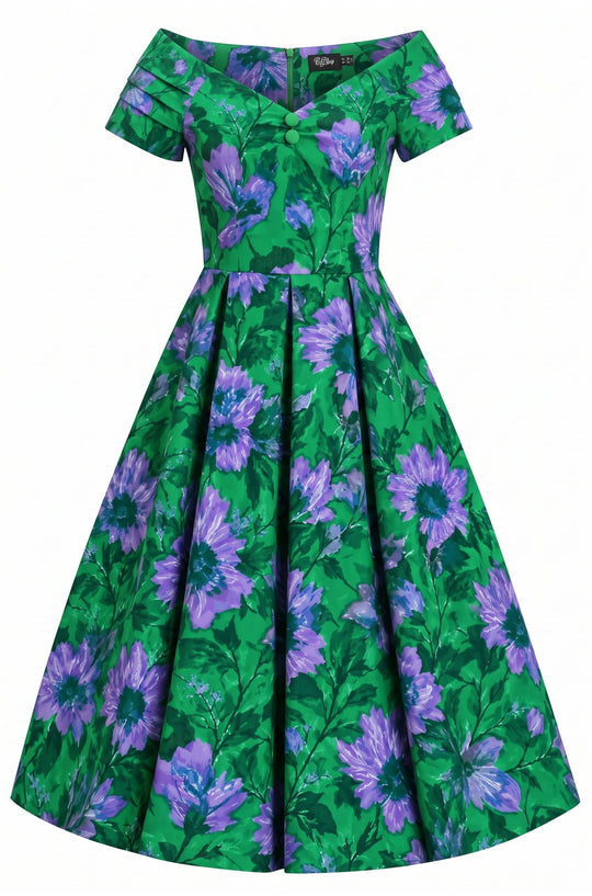 PRE ORDER Lily Green Purple Floral Off Shoulder Swing Dress PRE ORDER