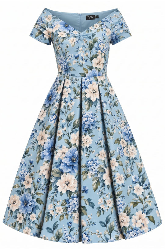 PRE ORDER Lily Light Blue Garden Floral Off Shoulder Swing Dress PRE ORDER