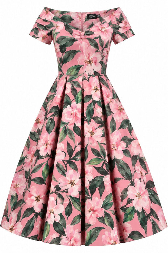 PRE ORDER Lily Pink Green Leaf Floral Off Shoulder Swing Dress PRE ORDER