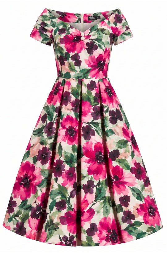 PRE ORDER Lily Pink Green Watercolour Floral Off Shoulder Swing Dress PRE ORDER