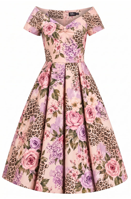 PRE ORDER Lily Pink Leopard Rose Off Shoulder Swing Dress PRE ORDER