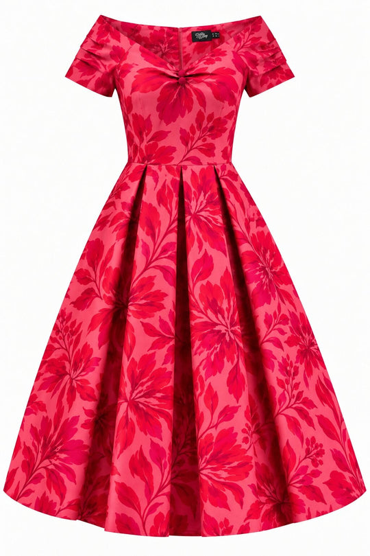 PRE ORDER Lily Red Tonal Floral Off Shoulder Swing Dress PRE ORDER