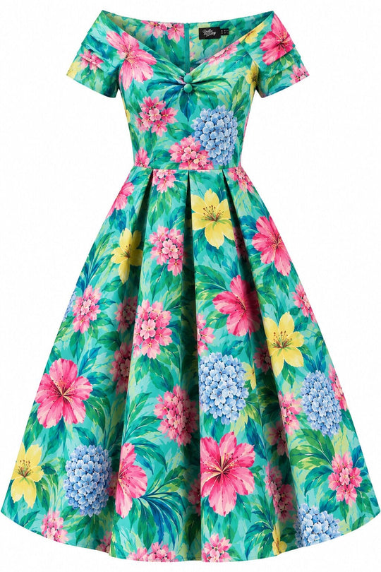 PRE ORDER Lily Teal Tropical Bloom Off Shoulder Swing Dress PRE ORDER