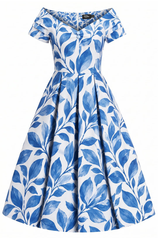 PRE ORDER Lily White Blue Leaf Off Shoulder Swing Dress PRE ORDER