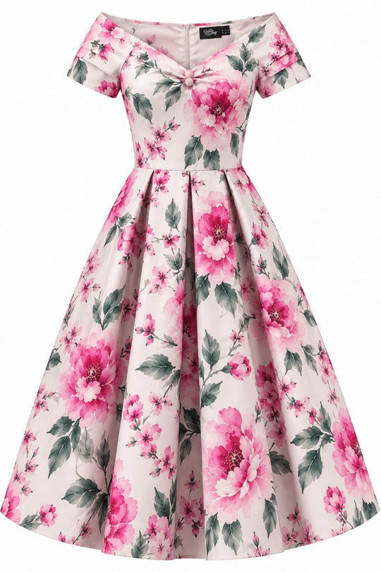 PRE ORDER Lily White Pink Peony Off Shoulder Swing Dress PRE ORDER