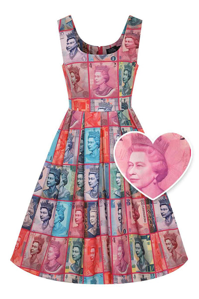 Front view of Queen Elizabeth II Sterling Pound Flared Dress