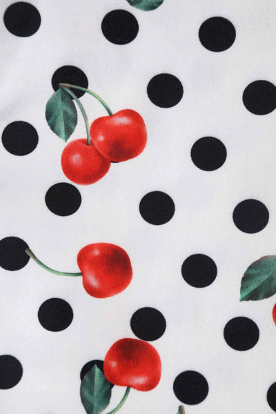 Close up view of Retro Cherry and  Polka Dot Print Dress in white