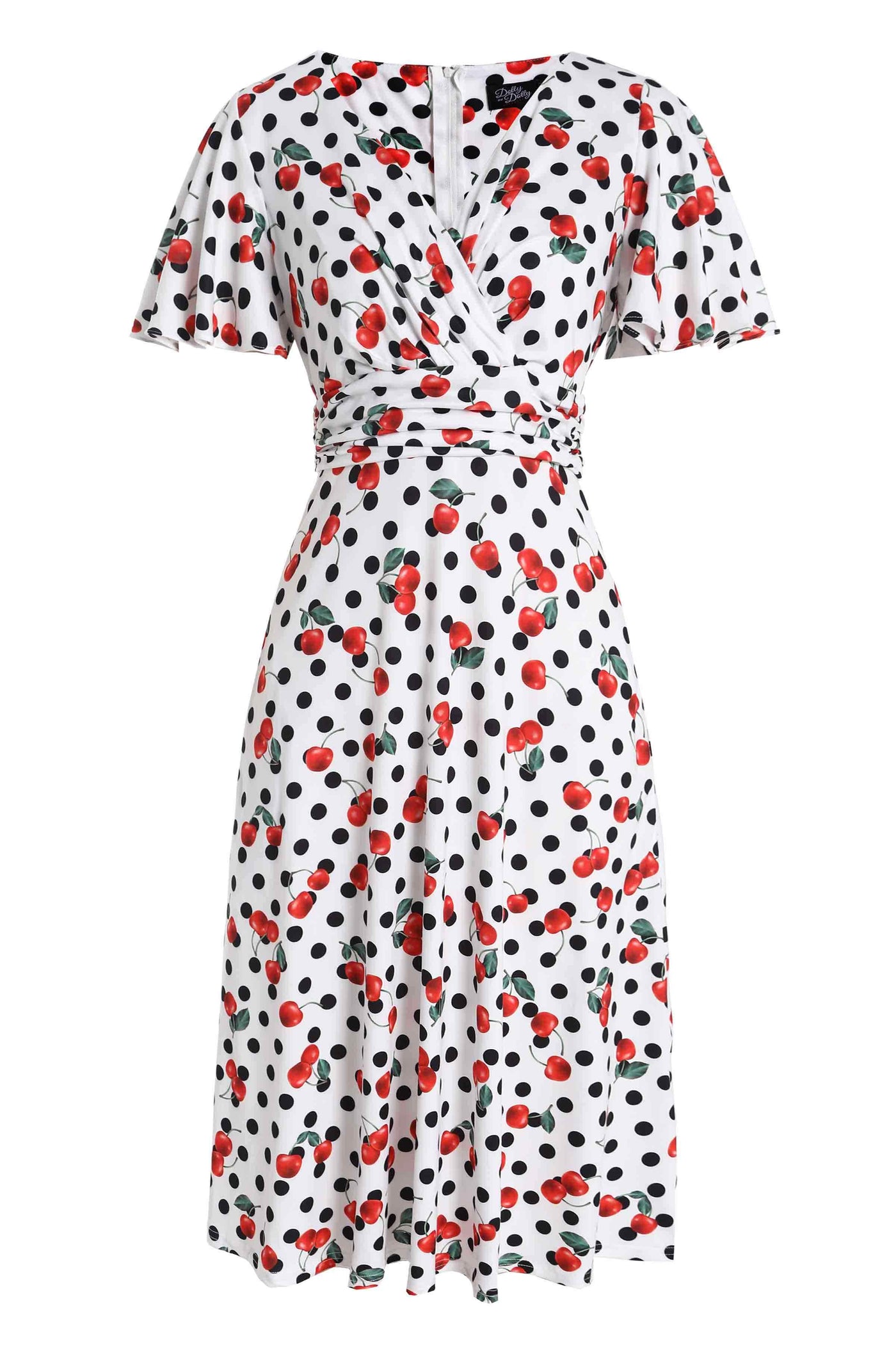 Front view of Retro Cherry and  Polka Dot Print Dress in white