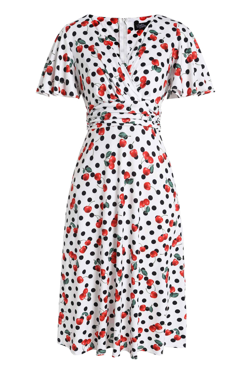 Front view of Retro Cherry and  Polka Dot Print Dress in white